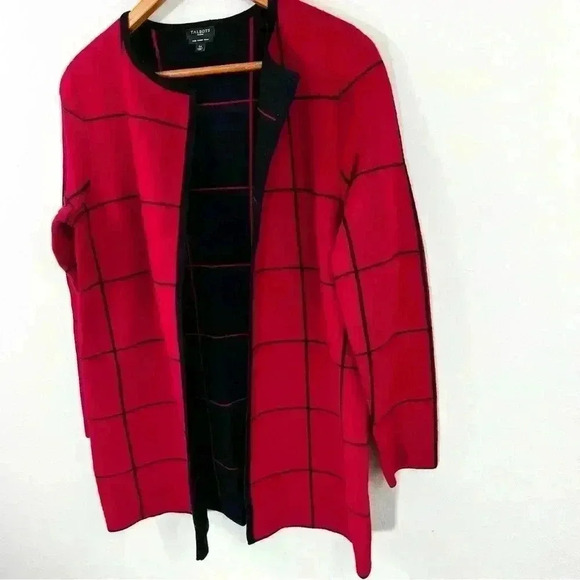 Talbots petites red and black merino wool long open front cardigan sweater - Picture 2 of 3